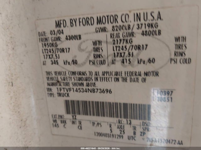 46221645 :رقم المزاد ، 1FTVF14534NB73696 vin ، 2004 Ford F-150 Xl/xlt مزاد بيع