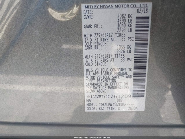 Aukcja sprzedaży 2018 Nissan Rogue S, vin: 5N1AT2MT5JC761209, numer aukcji: 46221660