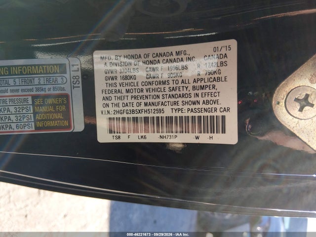 2015 Honda Civic Lx მანქანა იყიდება აუქციონზე, vin: 2HGFG3B5XFH512595, აუქციონის ნომერი: 46221673