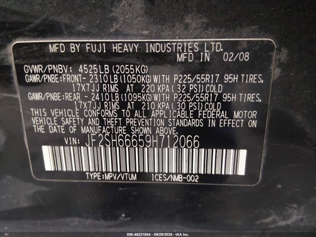 2009 Subaru Forester 2.5xt Limited მანქანა იყიდება აუქციონზე, vin: JF2SH66659H712066, აუქციონის ნომერი: 46221684