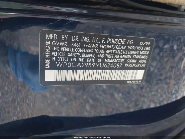 Aukcja sprzedaży 2000 Porsche Boxster, vin: WP0CA2989YU624057, numer aukcji: 46221693