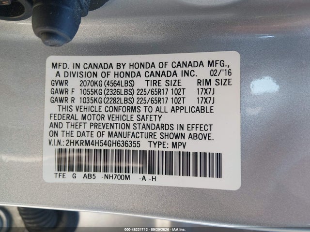 2016 Honda Cr-v Ex მანქანა იყიდება აუქციონზე, vin: 2HKRM4H54GH636355, აუქციონის ნომერი: 46221712