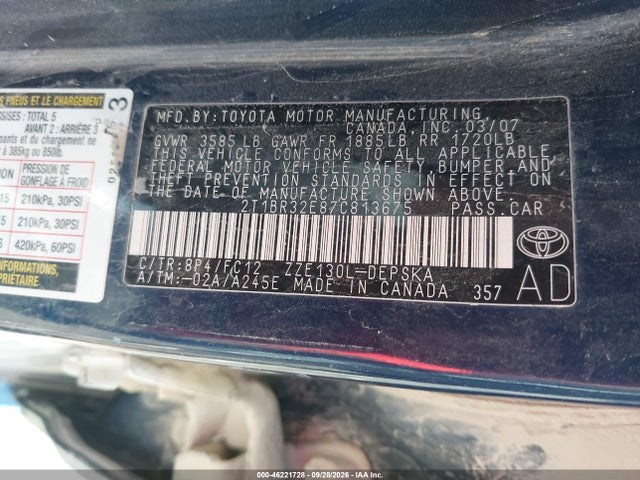 Aukcja sprzedaży 2007 Toyota Corolla S, vin: 2T1BR32E87C813675, numer aukcji: 46221728