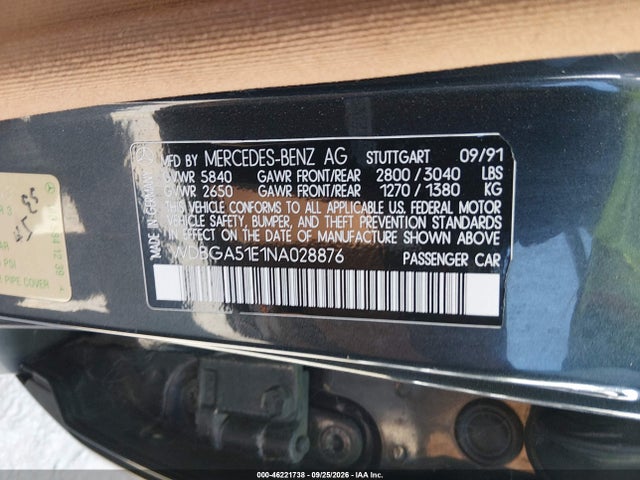 46221738 :رقم المزاد ، WDBGA51E1NA028876 vin ، 1992 Mercedes-benz 500 Sel مزاد بيع