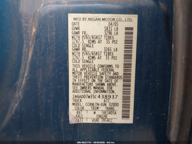 Продаж на аукціоні авто 2005 Nissan Frontier Le, vin: 1N6AD07W35C438937, номер лоту: 46221741