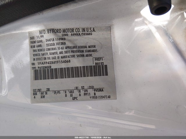 Aukcja sprzedaży 2000 Ford Mustang Gt, vin: 1FAFP42X4YF154068, numer aukcji: 46221750