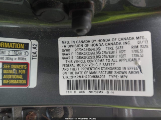 46221756 :رقم المزاد ، 2HKRM4H72DH684207 vin ، 2013 Honda Cr-v Ex-l مزاد بيع