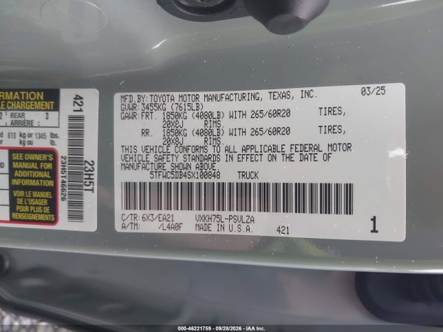 46221759 :رقم المزاد ، 5TFWC5DB4SX100848 vin ، 2025 Toyota Tundra Hybrid Limited Crewmax 6.4' Bed مزاد بيع