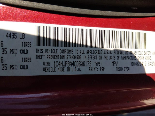 2012 Jeep Patriot Sport მანქანა იყიდება აუქციონზე, vin: 1C4NJPBA4CD606173, აუქციონის ნომერი: 46221777