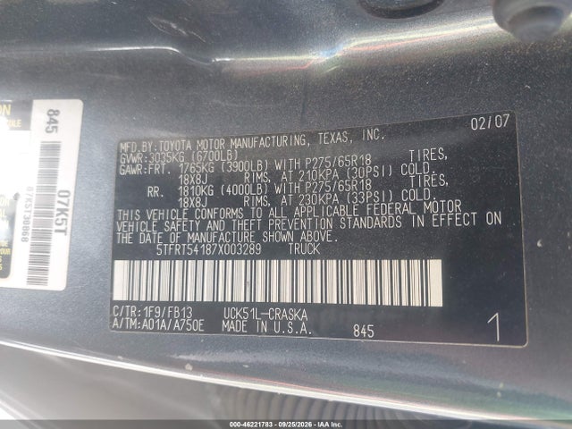 Продажа на аукционе авто 2007 Toyota Tundra Sr5 4.7l V8, vin: 5TFRT54187X003289, номер лота: 46221783