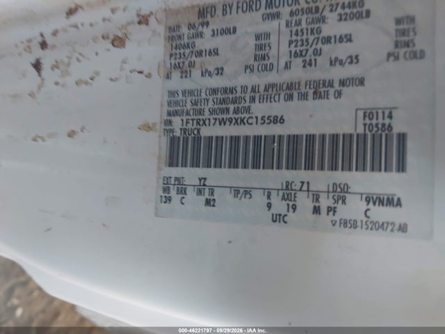 Продажа на аукционе авто 1999 Ford F-150 Lariat/work Series/xl/xlt, vin: 1FTRX17W9XKC15586, номер лота: 46221797
