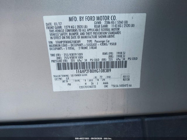 Продаж на аукціоні авто 2017 Ford Taurus Limited, vin: 1FAHP2F80HG108389, номер лоту: 46221803