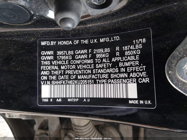Продаж на аукціоні авто 2019 Honda Civic Ex, vin: SHHFK7H62KU205151, номер лоту: 46221811
