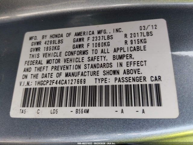 Продаж на аукціоні авто 2012 Honda Accord 2.4 Lx-p, vin: 1HGCP2F44CA127669, номер лоту: 46221822