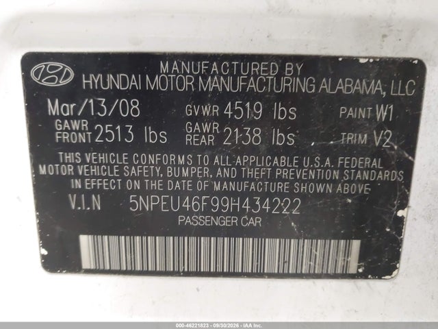 Продажа на аукционе авто 2009 Hyundai Sonata Se/limited, vin: 5NPEU46F99H434222, номер лота: 46221823