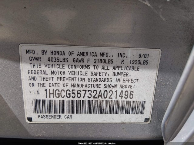 46221827 :رقم المزاد ، 1HGCG56732A021496 vin ، 2002 Honda Accord 2.3 Se مزاد بيع