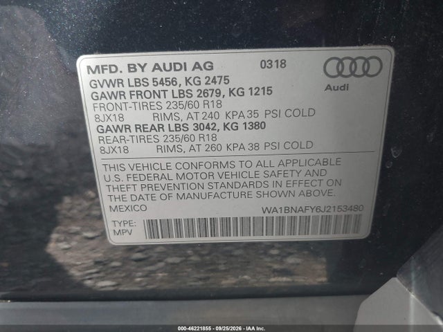 Aukcja sprzedaży 2018 Audi Q5 2.0t Premium/2.0t Tech Premium, vin: WA1BNAFY6J2153480, numer aukcji: 46221855