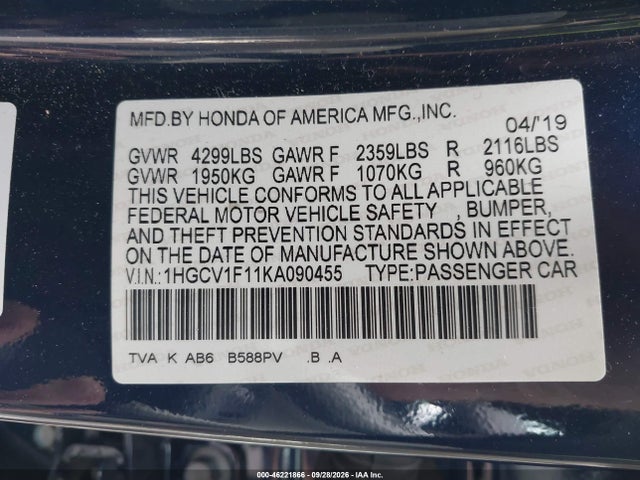 Продажа на аукционе авто 2019 Honda Accord Lx, vin: 1HGCV1F11KA090455, номер лота: 46221866