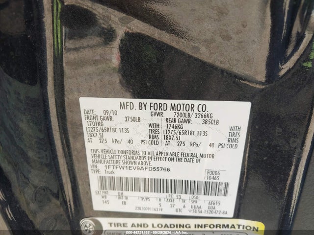 Продаж на аукціоні авто 2010 Ford F-150 Fx4/harley-davidson/king Ranch/lariat/platinum/xl/xlt, vin: 1FTFW1EV9AFD55766, номер лоту: 46221867