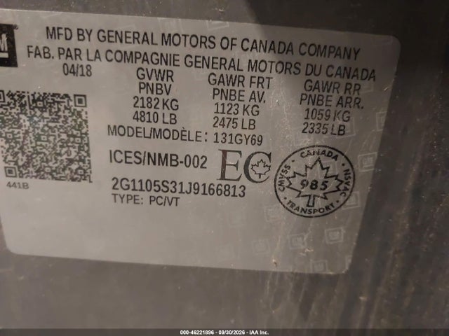 46221896 :رقم المزاد ، 2G1105S31J9166813 vin ، 2018 Chevrolet Impala 1lt مزاد بيع