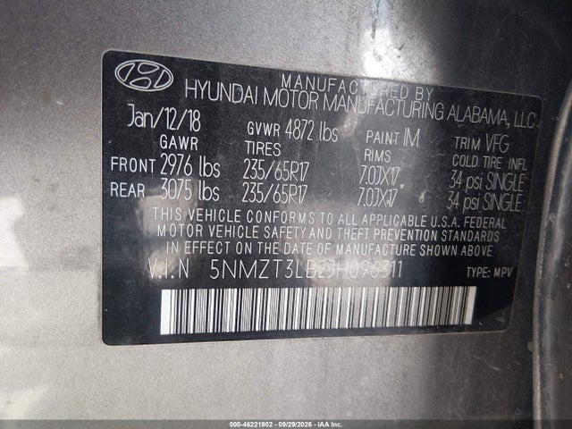 Auction sale of the 2018 Hyundai Santa Fe Sport 2.4l, vin: 5NMZT3LB2JH096311, lot number: 46221902