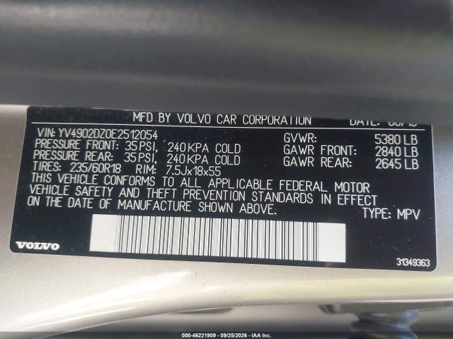 Продажа на аукционе авто 2014 Volvo Xc60 T6 Premier Plus, vin: YV4902DZ0E2512054, номер лота: 46221909