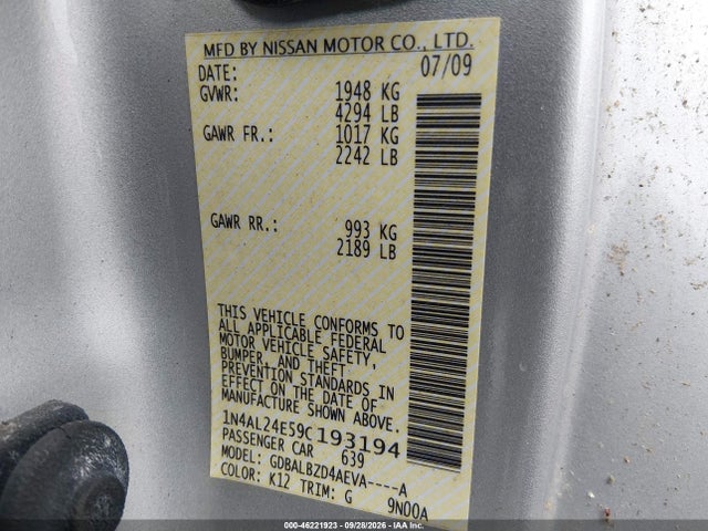 46221923 :رقم المزاد ، 1N4AL24E59C193194 vin ، 2009 Nissan Altima 2.5 S مزاد بيع