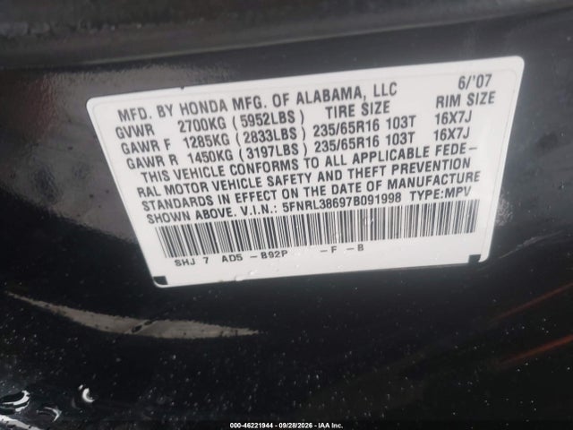 2007 Honda Odyssey Ex-l მანქანა იყიდება აუქციონზე, vin: 5FNRL38697B091998, აუქციონის ნომერი: 46221944