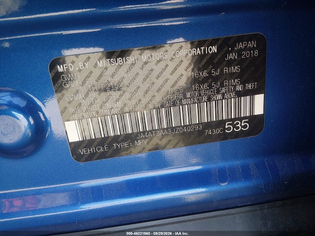 46221960 :رقم المزاد ، JA4AT3AA3JZ040293 vin ، 2018 Mitsubishi Cruz Eclipse Es مزاد بيع