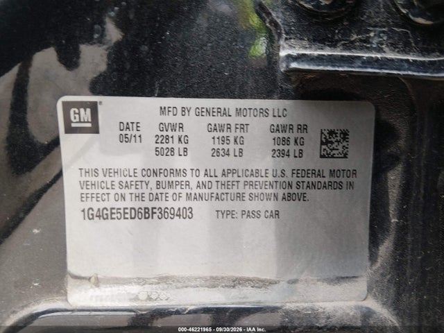 Продажа на аукционе авто 2011 Buick Lacrosse Cxs, vin: 1G4GE5ED6BF369403, номер лота: 46221965