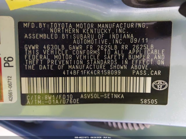 46221973 :رقم المزاد ، 4T4BF1FK4CR158099 vin ، 2012 Toyota Camry Le مزاد بيع