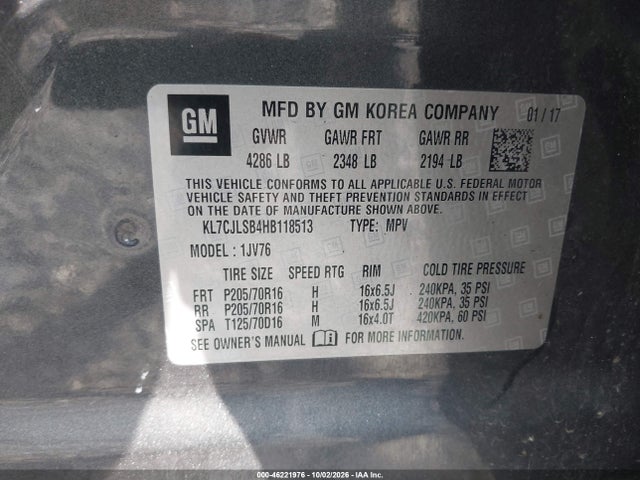 46221976 :رقم المزاد ، KL7CJLSB4HB118513 vin ، 2017 Chevrolet Trax Lt مزاد بيع