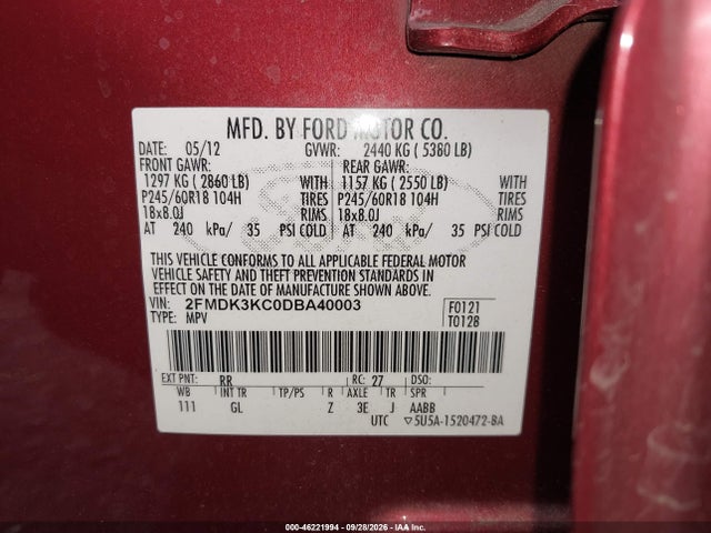 Продаж на аукціоні авто 2013 Ford Edge Limited, vin: 2FMDK3KC0DBA40003, номер лоту: 46221994