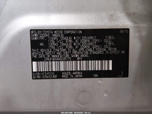 2010 Toyota Rav4 მანქანა იყიდება აუქციონზე, vin: JTMJF4DV4A5035175, აუქციონის ნომერი: 46221999