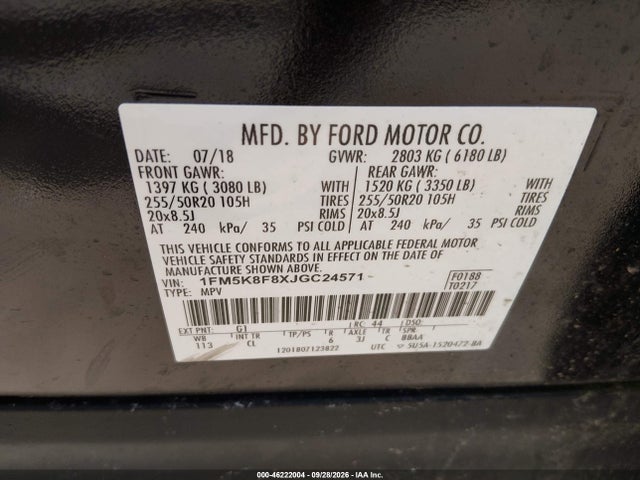 46222004 :رقم المزاد ، 1FM5K8F8XJGC24571 vin ، 2018 Ford Explorer Limited مزاد بيع