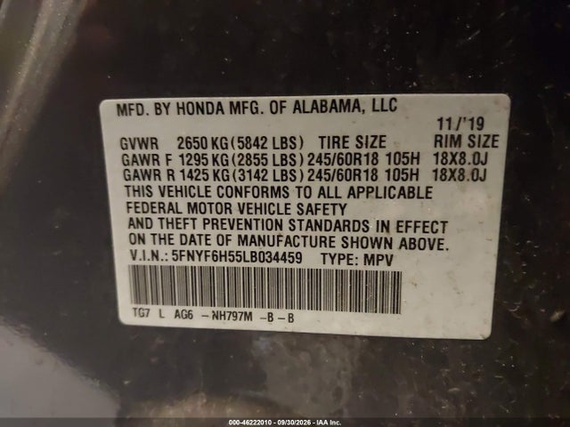 Продажа на аукционе авто 2020 Honda Pilot Awd Ex-l, vin: 5FNYF6H55LB034459, номер лота: 46222010