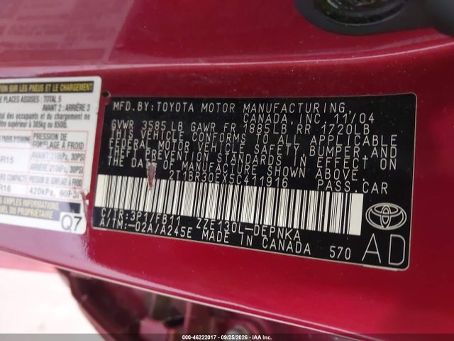 Продаж на аукціоні авто 2005 Toyota Corolla Le, vin: 2T1BR30EX5C411916, номер лоту: 46222017
