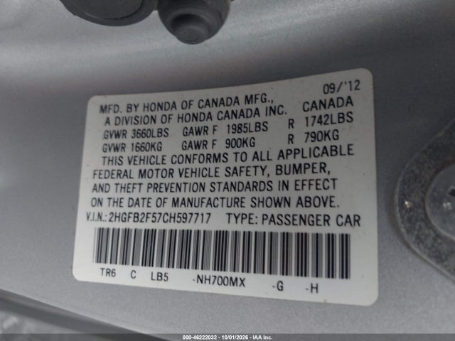 Продажа на аукционе авто 2012 Honda Civic Lx, vin: 2HGFB2F57CH597717, номер лота: 46222032