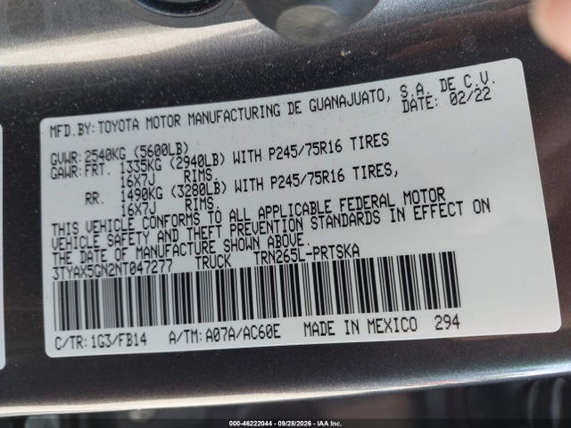 Продаж на аукціоні авто 2022 Toyota Tacoma Sr, vin: 3TYAX5GN2NT047277, номер лоту: 46222044