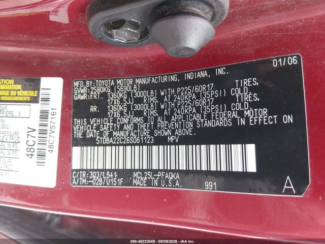 2006 Toyota Sienna Xle მანქანა იყიდება აუქციონზე, vin: 5TDBA22C26S061123, აუქციონის ნომერი: 46222049