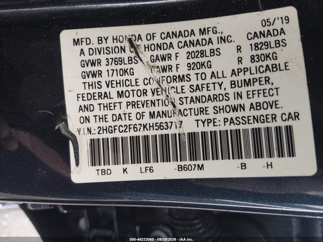 2019 Honda Civic Lx მანქანა იყიდება აუქციონზე, vin: 2HGFC2F67KH563717, აუქციონის ნომერი: 46222060