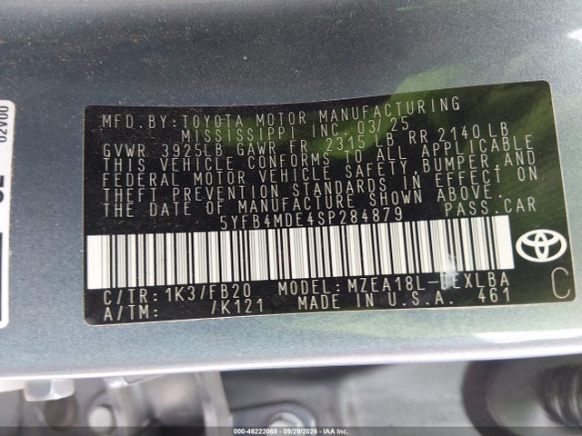 Продаж на аукціоні авто 2025 Toyota Corolla Le, vin: 5YFB4MDE4SP284879, номер лоту: 46222069