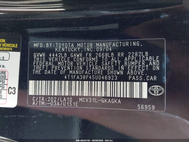 46222100 :رقم المزاد ، 4T1FA38P45U046923 vin ، 2005 Toyota Camry Solara Sle مزاد بيع