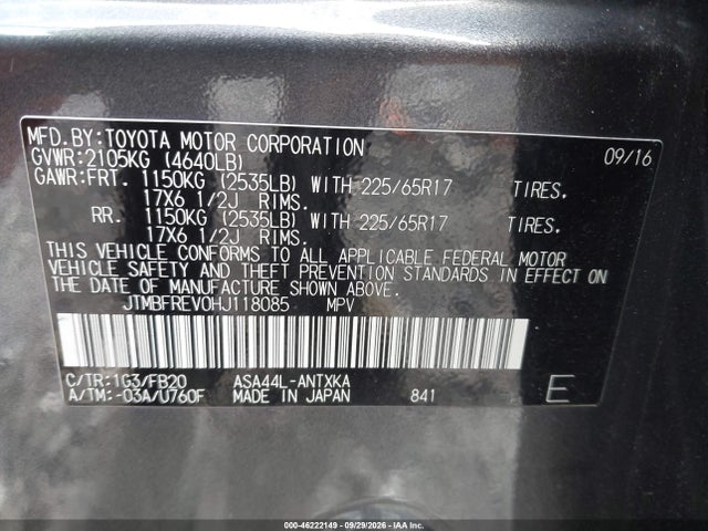 Aukcja sprzedaży 2017 Toyota Rav4 Le, vin: JTMBFREV0HJ118085, numer aukcji: 46222149