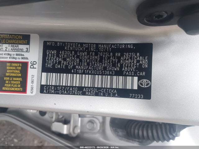 Продаж на аукціоні авто 2012 Toyota Camry L, vin: 4T1BF1FKXCU513643, номер лоту: 46222173