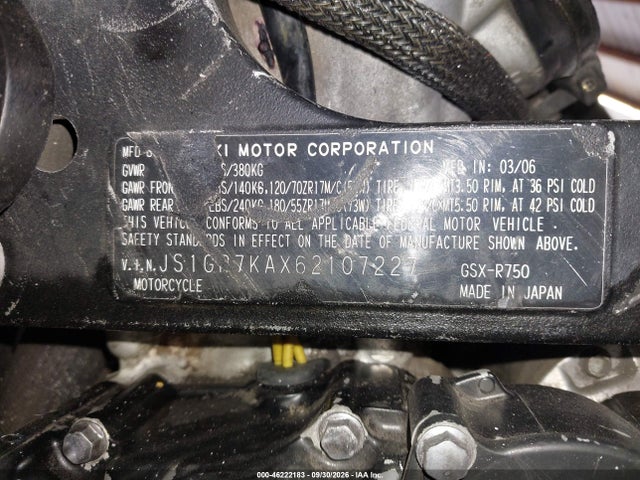 Продажа на аукционе авто 2006 Suzuki Gsx-r750 K6, vin: JS1GR7KAX62107227, номер лота: 46222183