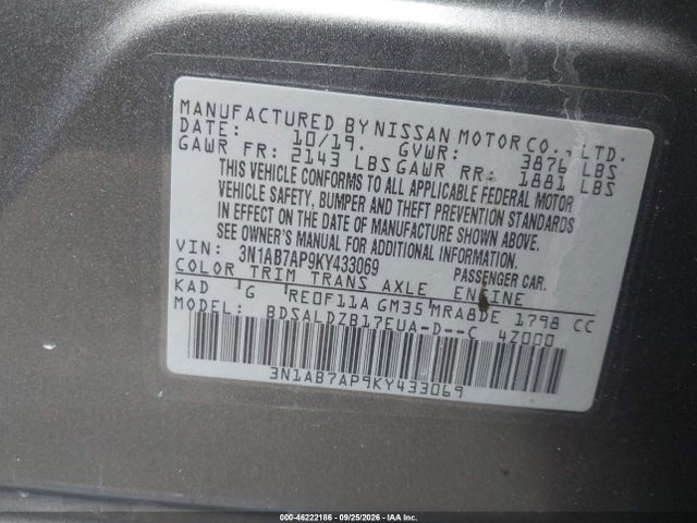 2019 Nissan Sentra Sv მანქანა იყიდება აუქციონზე, vin: 3N1AB7AP9KY433069, აუქციონის ნომერი: 46222186