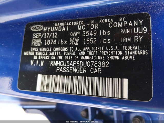 2013 Hyundai Accent Se მანქანა იყიდება აუქციონზე, vin: KMHCU5AE6DU078382, აუქციონის ნომერი: 46222193