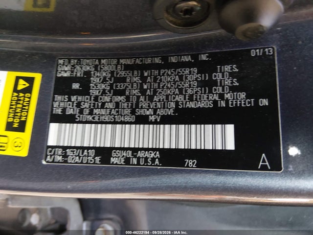 Продаж на аукціоні авто 2013 Toyota Highlander Limited V6, vin: 5TDYK3EH9DS104860, номер лоту: 46222194