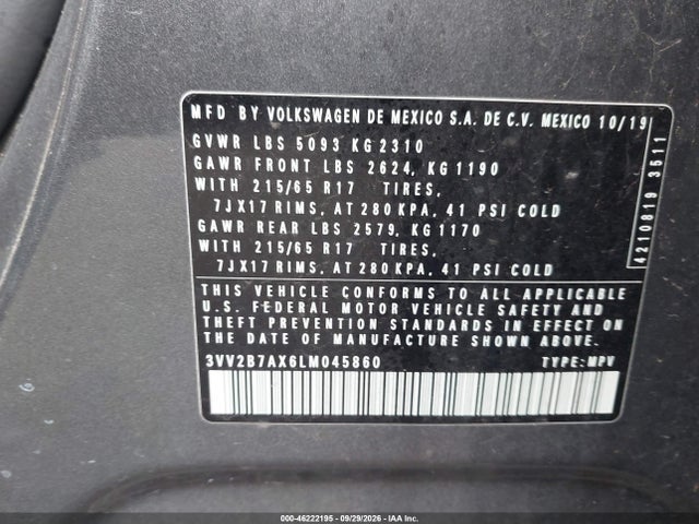 46222195 :رقم المزاد ، 3VV2B7AX6LM045860 vin ، 2020 Volkswagen Tiguan 2.0t Se/2.0t Se R-line Black/2.0t Sel مزاد بيع